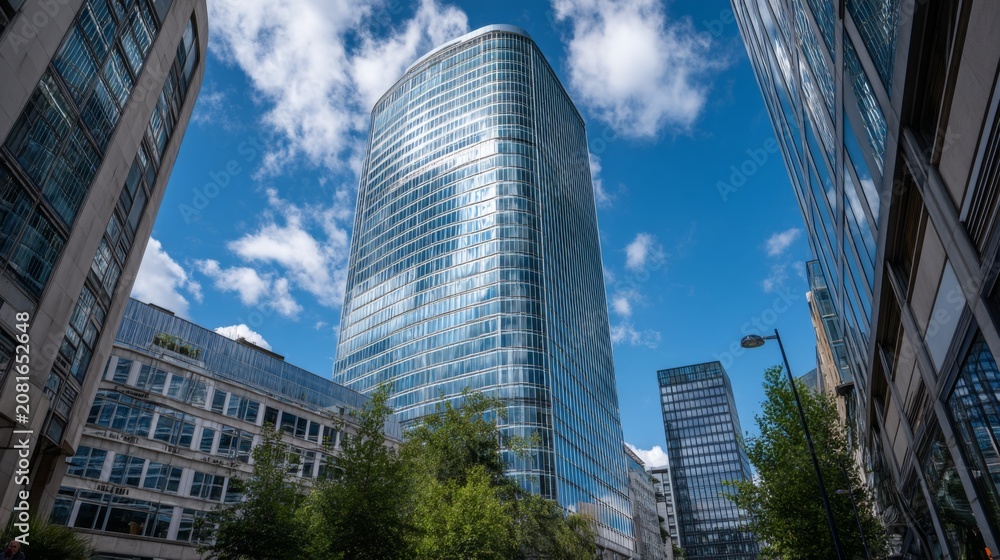 Obraz premium Modern skyscrapers reflecting sunlight beneath a bright blue sky with fluffy clouds surrounded by greenery in an urban setting
