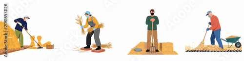 Tableau sur toile Set of agricultural workers wearing protective face masks while harvesting hay and straw, vector illustration set