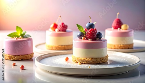 A close-up view of four small cheesecakes on white plates