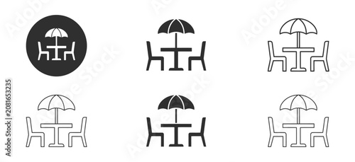 Outdoor seating with umbrellas icon set featuring flat line and glyph style vector graphics for restaurant terrace cafe patio and hospitality UI design