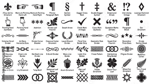 Vintage ornamental dingbat symbol set labeled retro vector