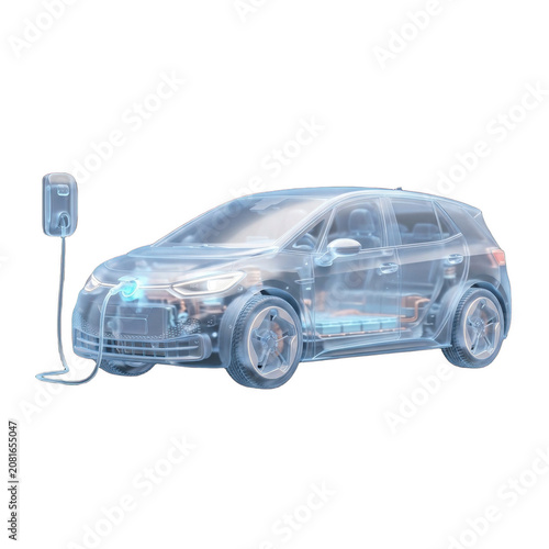 Electric car transparent wireframe with charging station