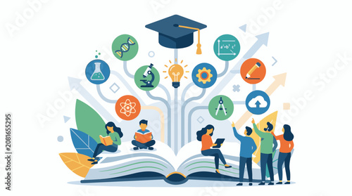 A colorful illustration of people learning surrounded by an open book with a tree growing out of it featuring various i