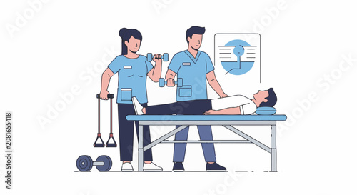 Two medical professionals assist a patient with rehabilitation exercises on a table