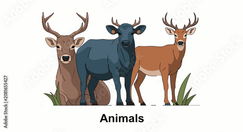 Three cartoon animals two deer and a dark blue bovine stand together