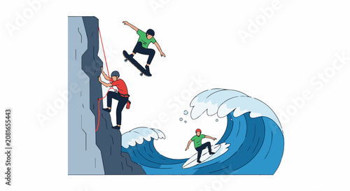Three active individuals engaged in extreme sports rock climbing skateboarding and surfing