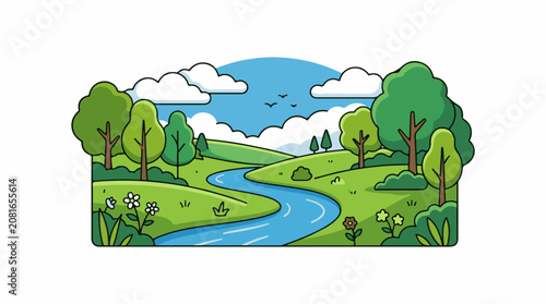 Serene landscape with winding river stream.