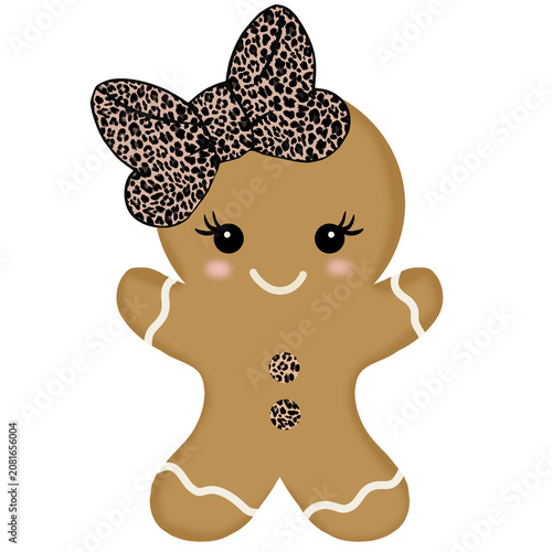 Christmas gingerbread girl with leopard print bow sublimation design