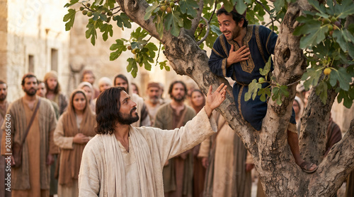 The inspiring biblical story of Zacchaeus climbing a fig tree to see Jesus, who calls him down