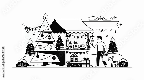 Man selling Christmas tree decorations outdoors.