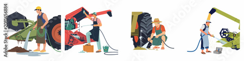 Set of Illustrations Showing Farmers Cleaning and Maintaining Agricultural Machinery with Water Hoses and Power Washers on a White Background