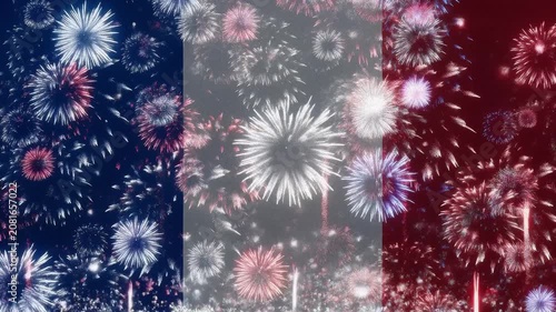 French flag with fireworks and glowing celebration lights seamless loop