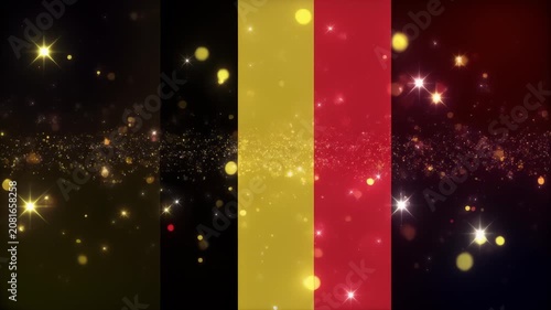 Belgian national flag with glowing golden particles and sparkling light animation