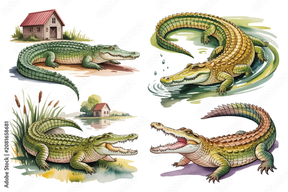 Fototapeta premium set of watercolor Nile Crocodile vector illustration isolated on white background