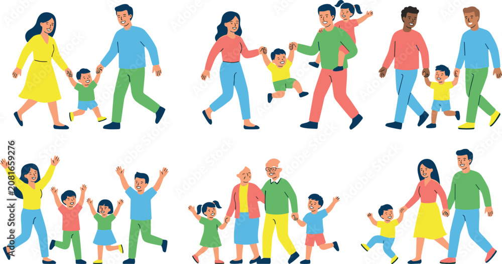 Fototapeta premium Happy Family Walking Flat Character Collection Featuring Parents Children Grandparents Togetherness Playful Kids and Everyday Family Lifestyle Vector Illustrations