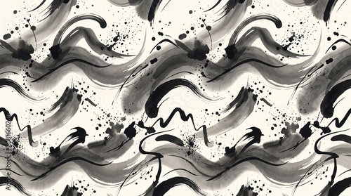 Abstract Black Ink Wash and Brush Strokes Seamless Pattern on Textured Paper