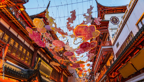 Konstfotografi City scape of traditional chinese architecture building with carved roofs and ha