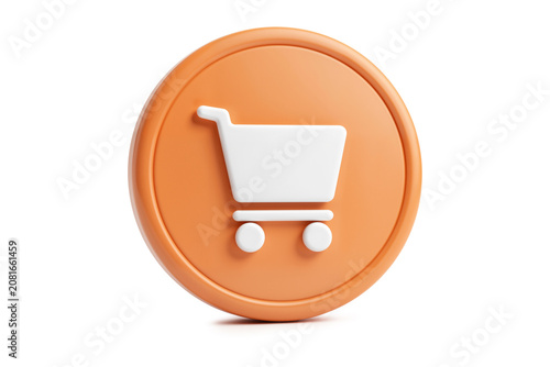 White Shopping Cart Symbol on Glossy Orange Circle Button, Clean Render