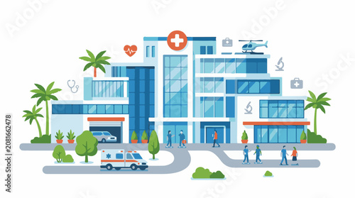 Modern medical center with ambulance helicopter and palm trees
