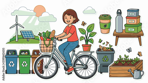Person riding bicycle with groceries surrounded by eco-friendly items
