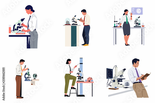 Collection of scientists and researchers working in a laboratory with microscopes and scientific equipment for data analysis and research.