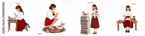 фотографія Set of flat illustrations featuring a girl named Olivia role-playing as a nurse, caring for and bandaging her dolls