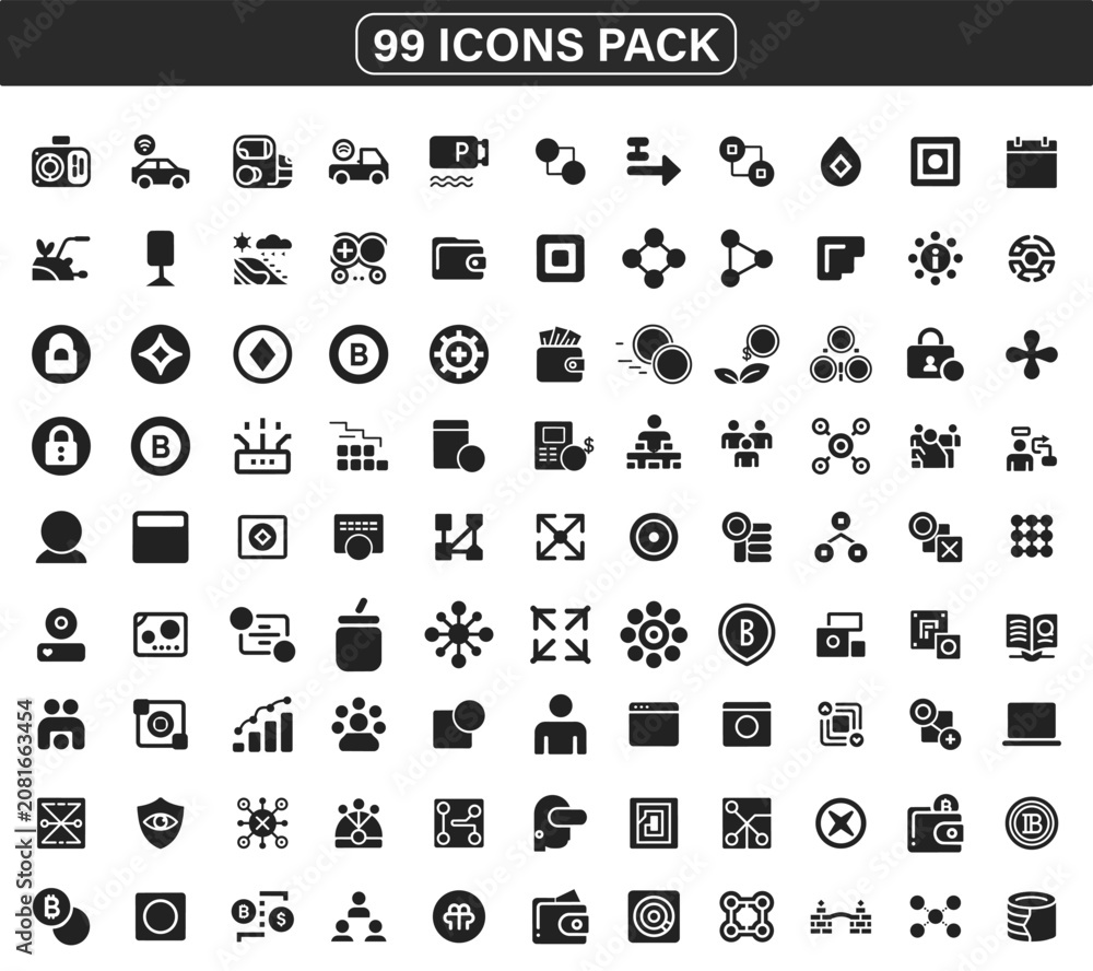 Fototapeta premium Cryptocurrency and Blockchain Icons Set with Finance Digital Assets Network Nodes Payment Systems and Security Wallets