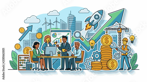 Diverse team brainstorms growth with rockets coins and wind turbines