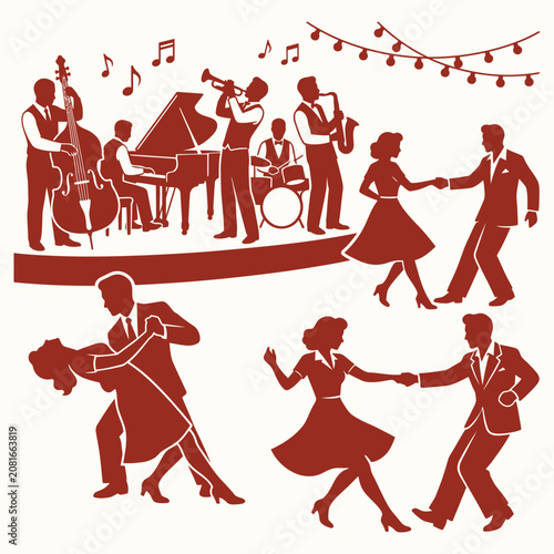 Photography Retro jazz band and swing dancers vector silhouette
