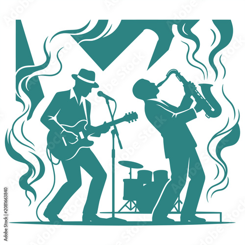 Photography Teal silhouette vector of jazz musicians performing with guitar and saxophone on stage