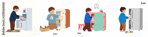Fotografía Set of four flat illustrations depicting a young boy playing with various toy refrigerators and miniature food items in a playroom setting