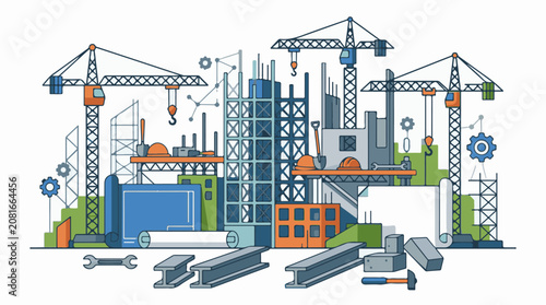 Flat design construction site with cranes blueprints and steel beams