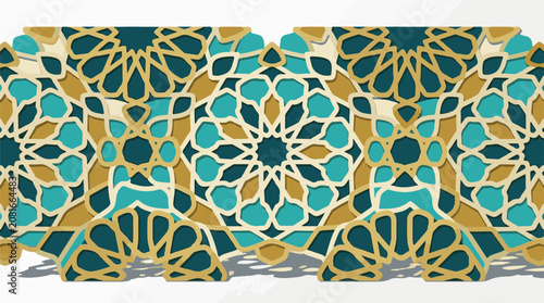 Geometric Islamic pattern in teal gold and cream with layered depth