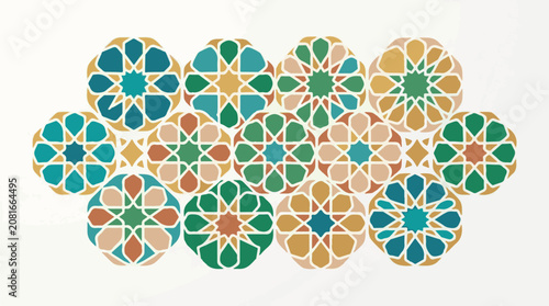 Geometric Islamic tile patterns in warm and cool colors on white