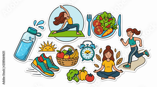 Healthy lifestyle icons yoga running balanced diet water and sport