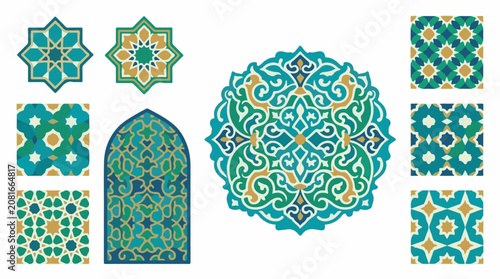 Intricate geometric and floral patterns in blue green and gold (2)
