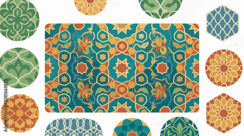 Intricate geometric and floral patterns in vibrant teal orange and yellow
