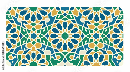 Intricate geometric mosaic pattern with gold teal and green colors