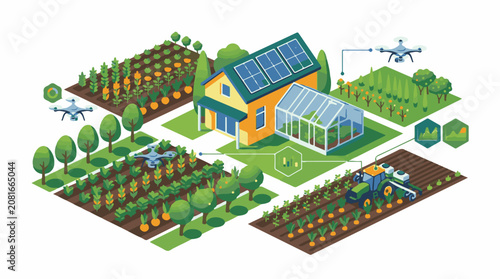 Isometric Farmhouse with Solar Panels and Drone.