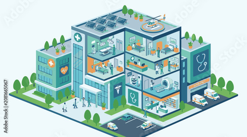 Isometric cutaway of a modern hospital with solar panels and helipad