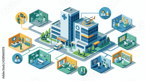 Isometric hospital complex with diverse medical departments and services
