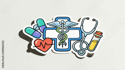 Medical icons including caduceus heart pills stethoscope and test tube