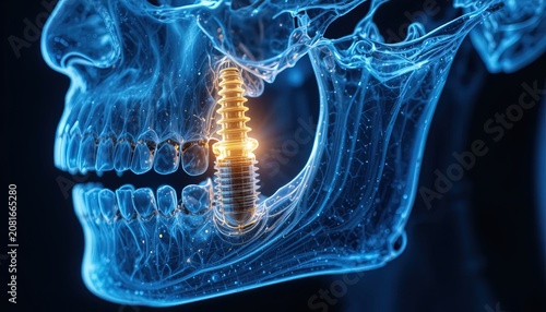 Dental implant secured within the jawbone is visualized in a detailed anatomical rendering.