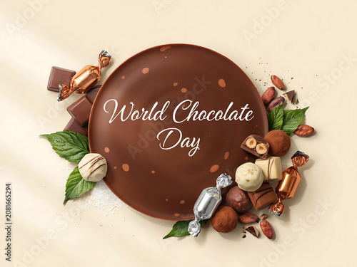 World chocolate day greeting card with a large round brown chocolate piece surrounded by assorted sweet candies and fresh green mint leaves for a festive holiday celebration design concept