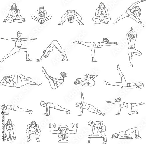 Yoga vector set for fitness poster with women stretching poses and black white outline style