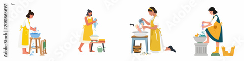 Tableau sur toile Set of illustrations of a woman in an apron washing dolls and babies in different basins, representing household chores and child caring activities