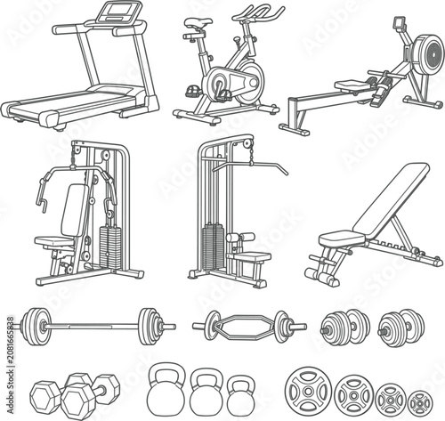 Gym vector set for fitness poster with workout equipment and clean black white outline style