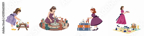 Bild auf Leinwand Flat vector illustration set of little girls in princess dresses playing tea party and picnic with dolls and teddy bears on white background