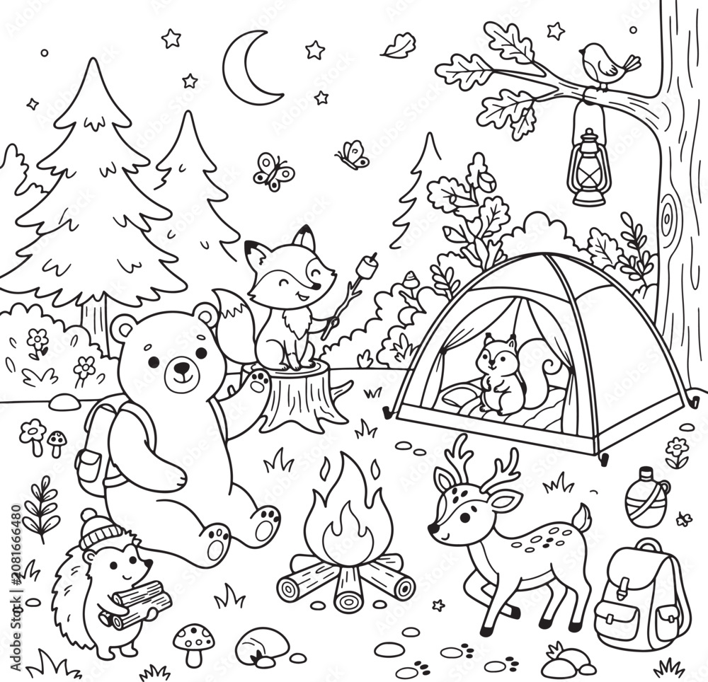Naklejka premium Forest Camping Adventure with Animals in Whimsical Black and White Line Art Illustration