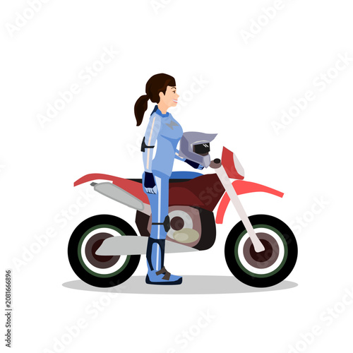 Obraz na plátne Vector illustration of a young female rider or racer in a blue protective suit holding a helmet, standing next to her red dirt bike or motocross motorcycle